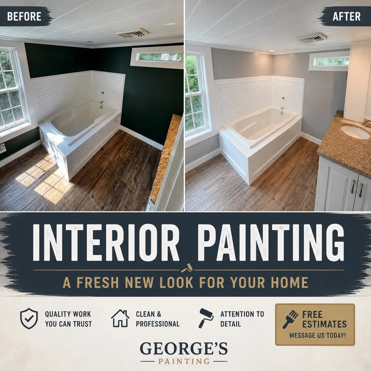 Interior bathroom repaint by George's Painting, before and after: dark accent wall refreshed to a bright, clean finish